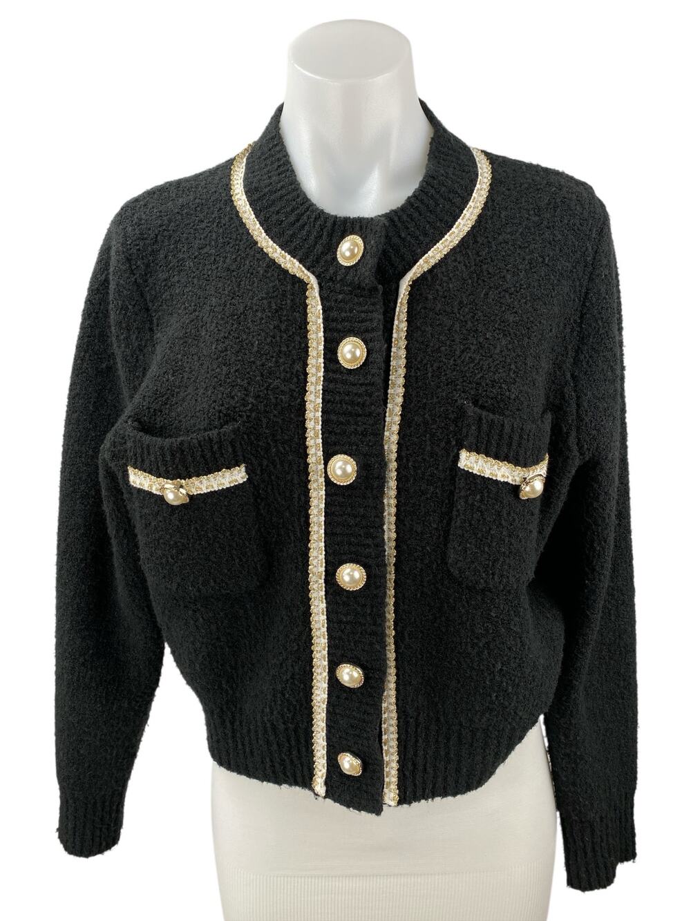 Urban Revivo Black Wool Long Sleeve Pearl Button Down Cardigan Sweater Jacket M
